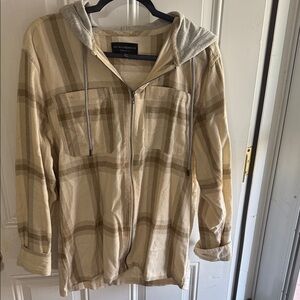 No Boundaries Tan Plaid Zip Hoodie with Gray Hood